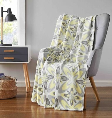 Throw Blanket Fleece Texture Geometric Print Navy Mustard Yellow Accent
