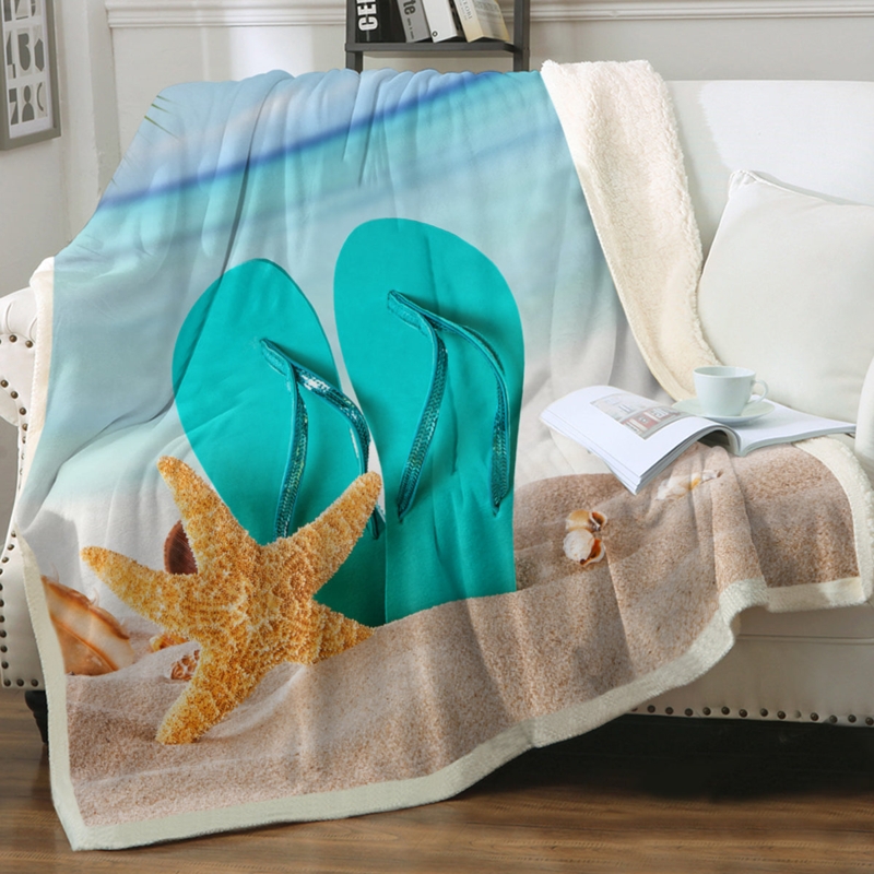 Throw Blanket Flip Flop Pattern Photo Print Sand Beige Oversized Coastal