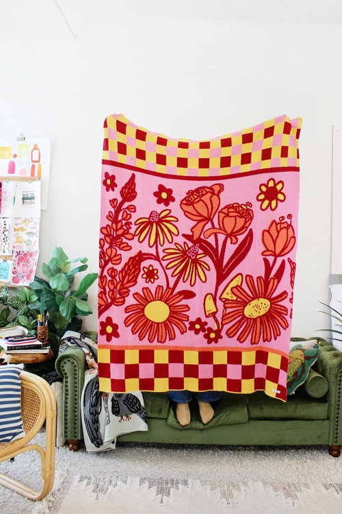 Throw Blanket Floral Checkerboard Knit Pink Boho