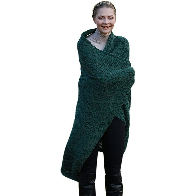Throw Blanket Forest Green Aran Cable Knit, Tasseled Fringe Boho Style