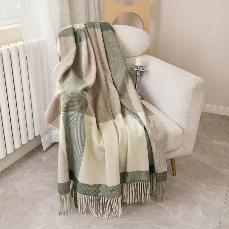 Throw Blanket Forest Green Plaid with Fringed Edges Styling