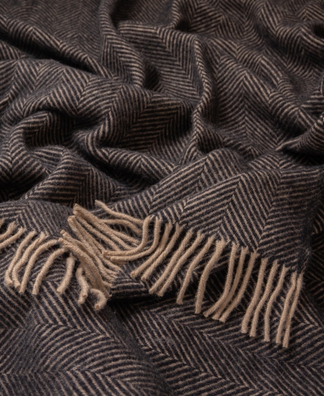 Throw Blanket Fringed Herringbone Black and White Woven Textile