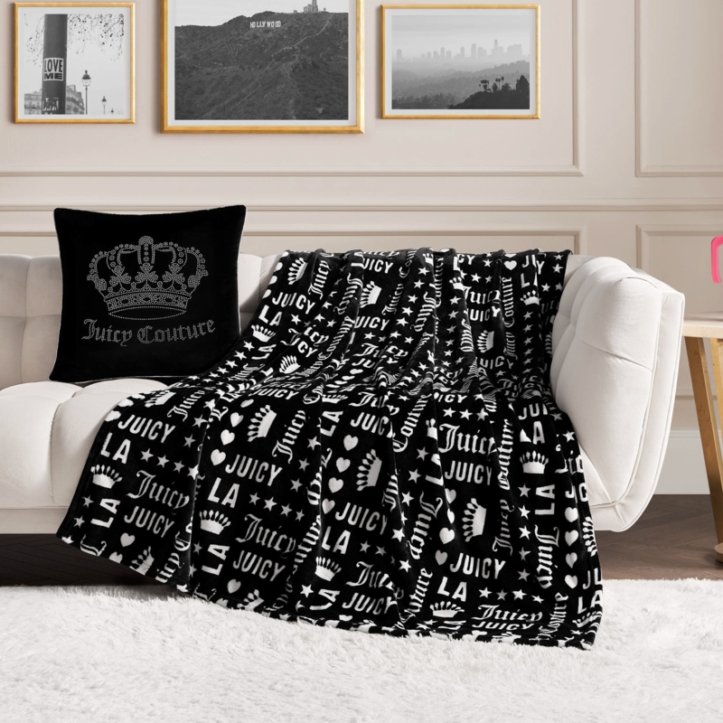 Throw Blanket Fuchsia Plush Shaggy Texture Repeating Logo Glam
