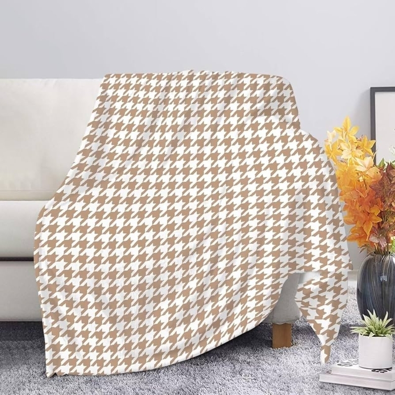 Throw Blanket Fuzzy Fleece Beige Houndstooth Textured Sofa Throw