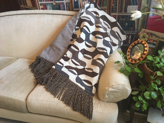 Throw Blanket Geometric Block Pattern Heavy Woven Tapestry Charcoal Tan