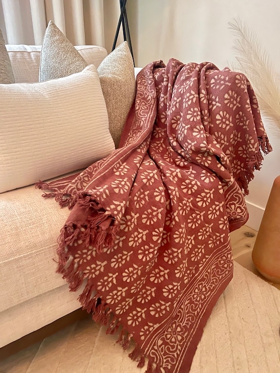 Throw Blanket Geometric Block Print Large Corner Tassels Boho Decor
