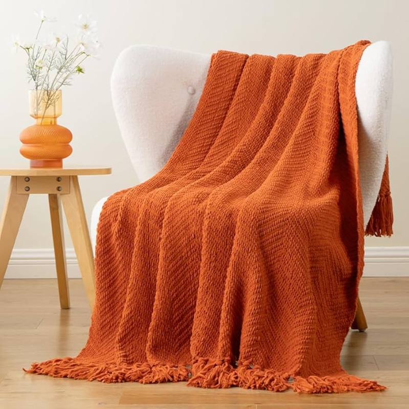 Throw Blanket Geometric Chevron Weave Tassels Modern Boho Style