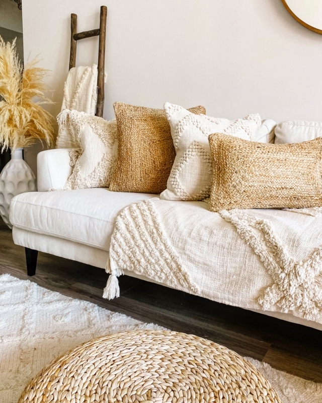 Throw Blanket Geometric Embroidery Knotted Tassels Woven Cream Boho