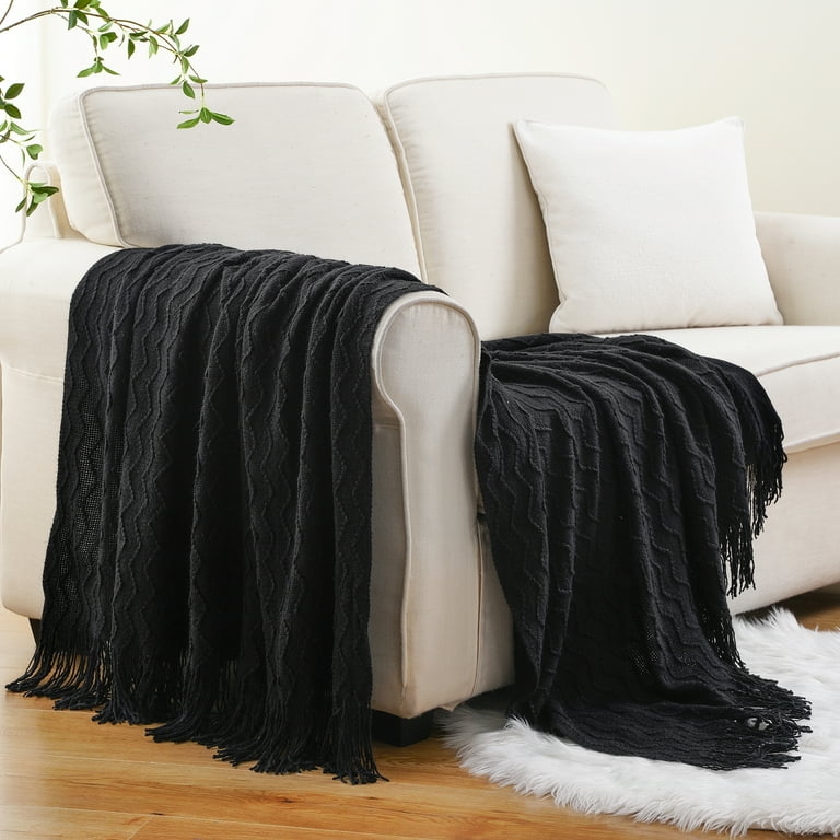 Throw Blanket Geometric Knit Pattern Fringed Edges Boho