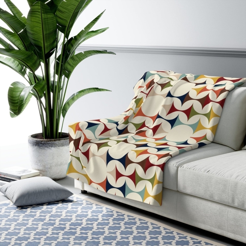 Throw Blanket, Geometric Pattern. Mustard Teal Palette, Fleece-Like Retro.
