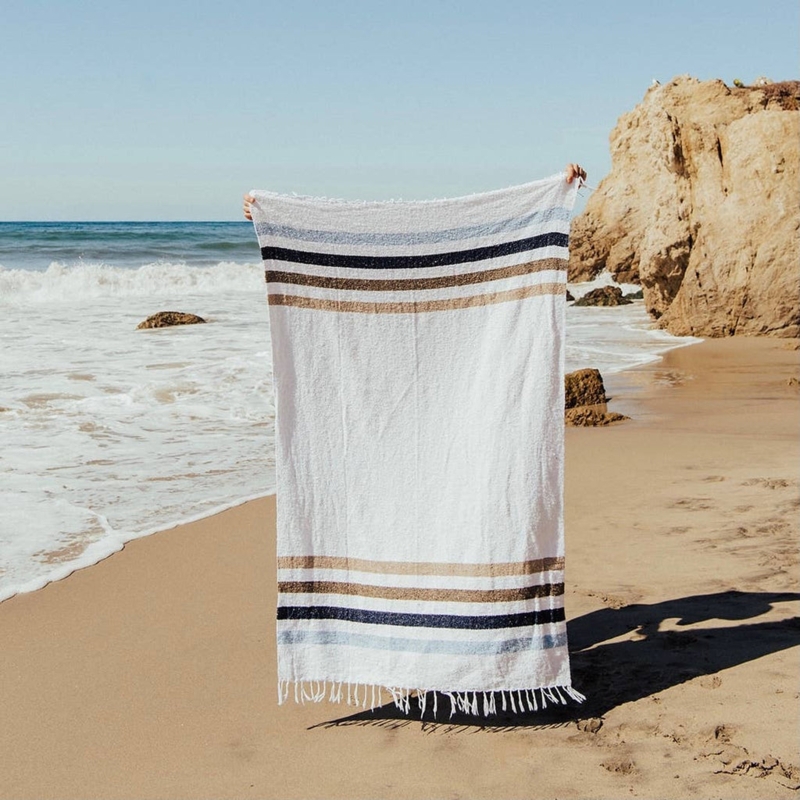 Throw Blanket Geometric Pattern Slate Blue Woven Recycled Fiber Coastal