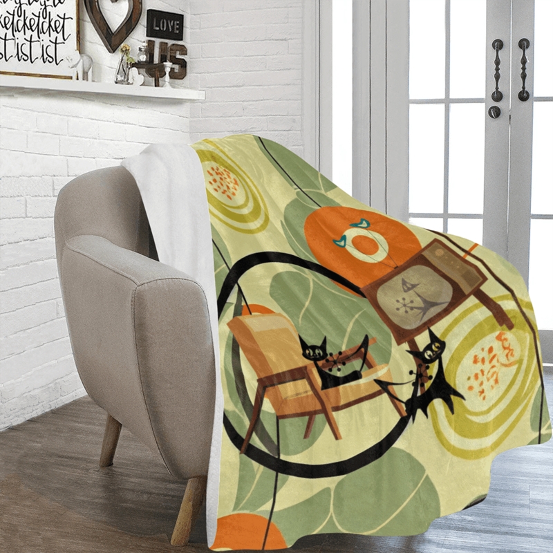 Throw Blanket, Geometric Print. Gold Teal Palette, Woven Fabric Mid-Century.
