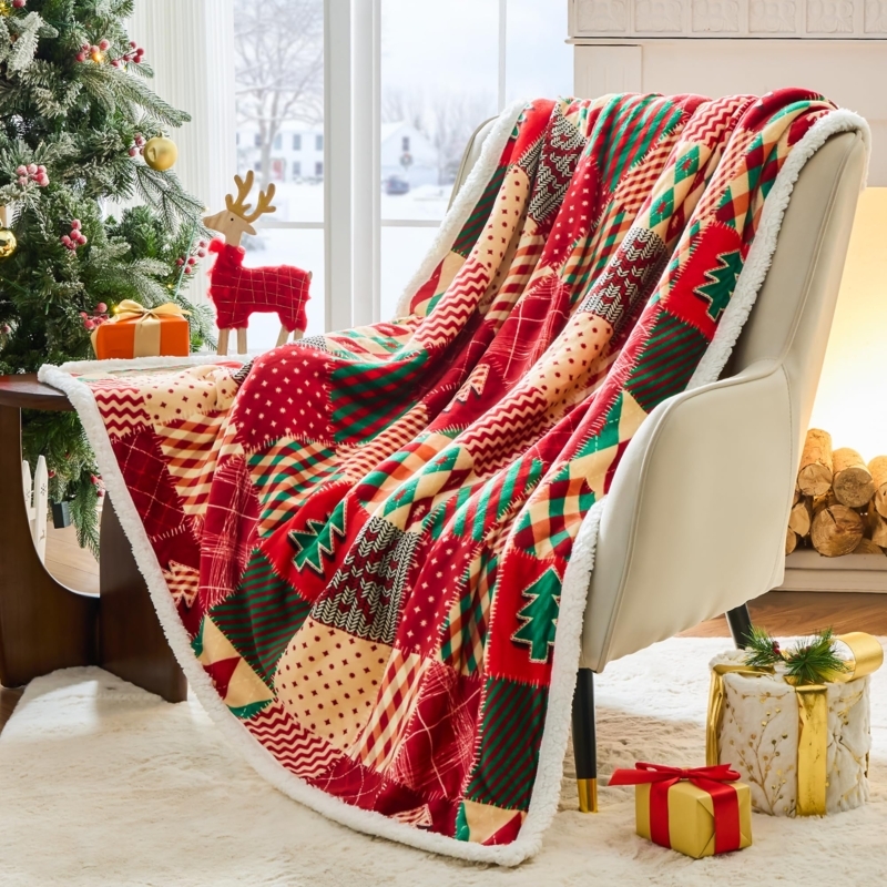 Throw Blanket Geometric Rhombus Pattern Plush Sherpa Holiday Decor