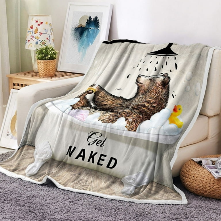Throw Blanket, "Get Naked" Text and Bear with Sunglasses, Quirky