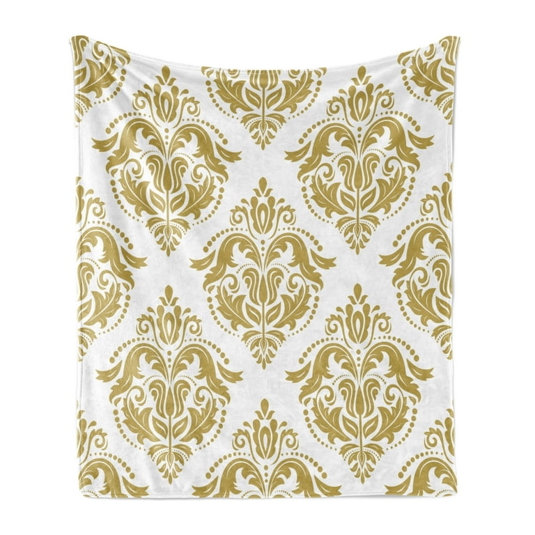 Throw Blanket Gold Damask Pattern Baroque Floral Print.