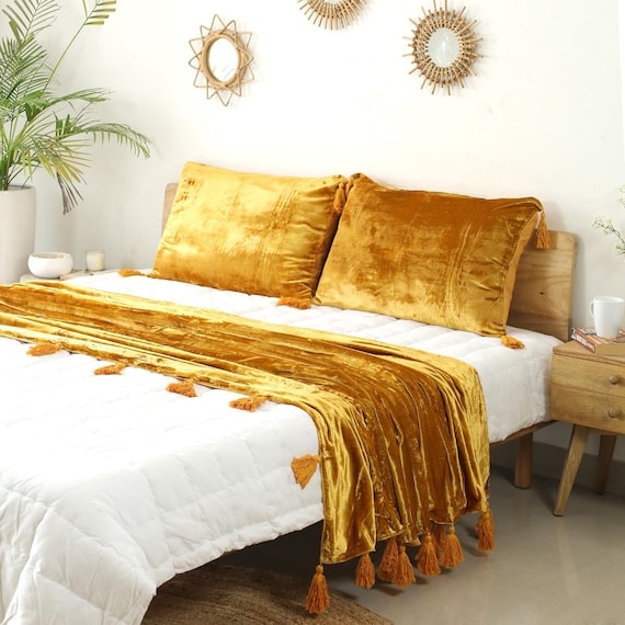 Throw Blanket, Gold Velvet, Braided Fringe, Knotted Tassels