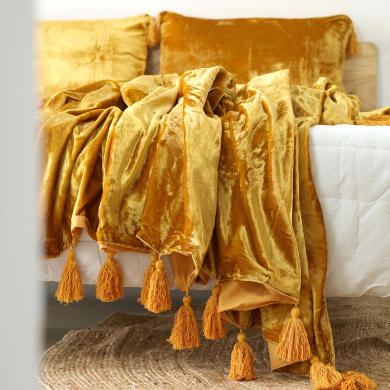 Throw Blanket, Gold Velvet, Knotted Tassels, Plush Texture