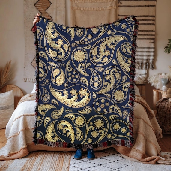 Throw Blanket Gold Woven Fabric Knotted Tassels Eclectic Tapestry