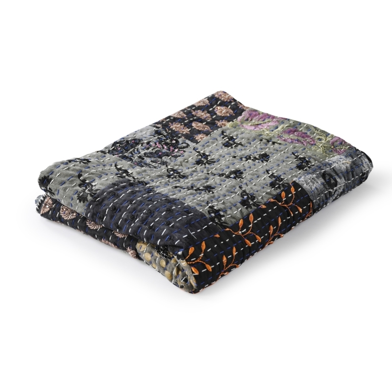 Throw Blanket Gray Kantha Stitching Patchwork Design Quilted Texture