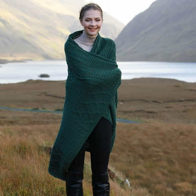 Throw Blanket Green Aran Knit, Traditional Cable and Honeycomb Stitch