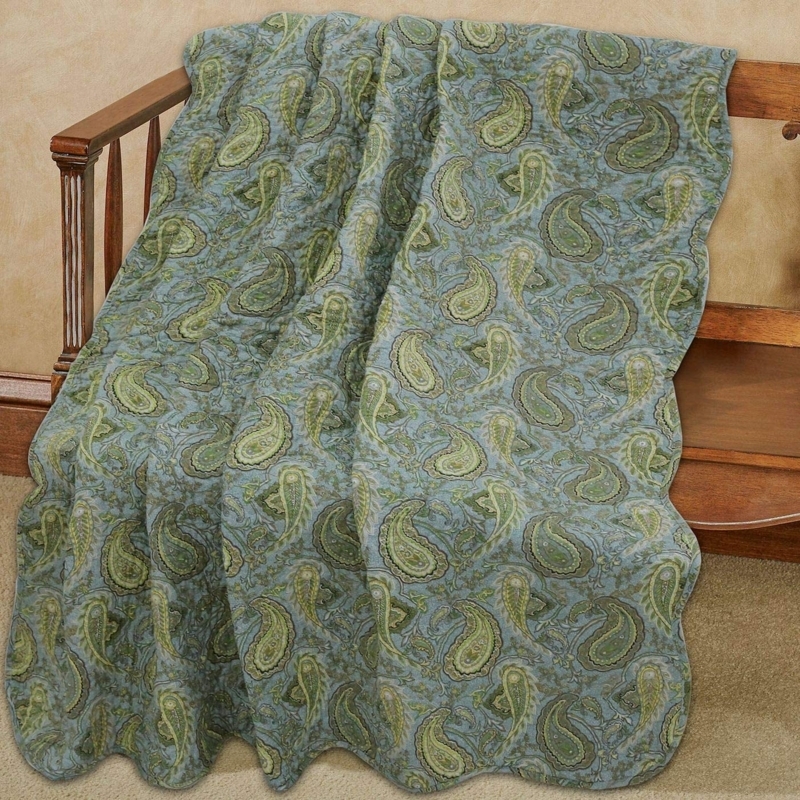 Throw Blanket Green Blue Persian Paisley Scalloped Reversible Cottage