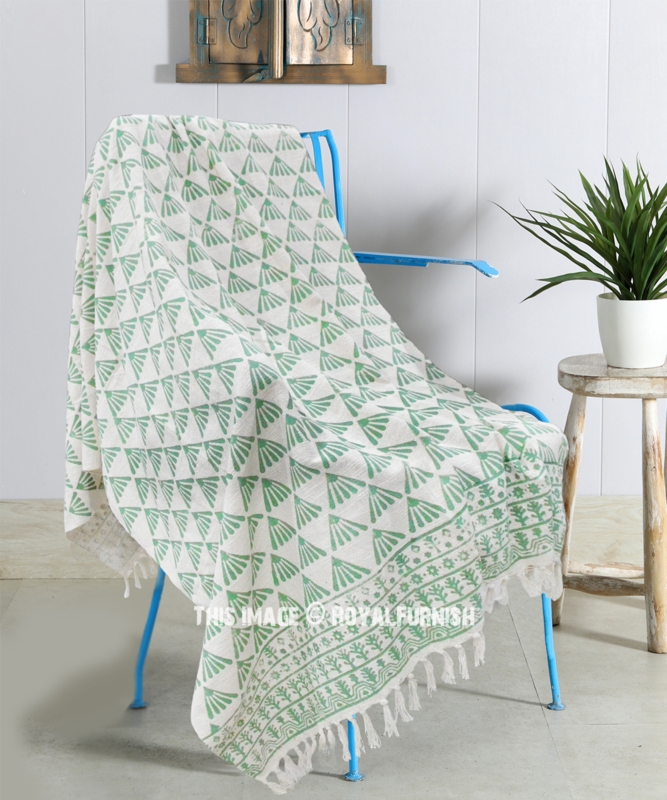 Throw Blanket Green Monstera Leaf Print Cotton Fringed Tropical Boho