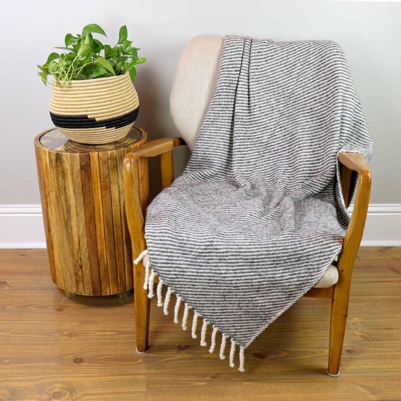 Throw Blanket Grey Cream Stripes Bold Knotted Fringe, Grey Striped Throw