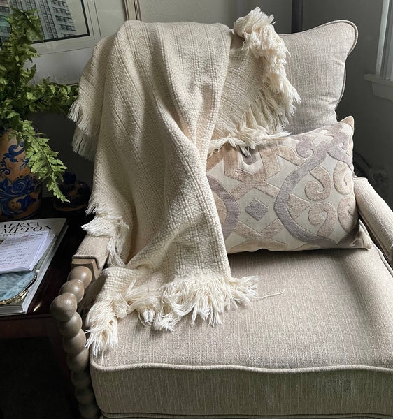 Throw Blanket | Grey Herringbone Weave Cotton | Fringed Edge Traditional