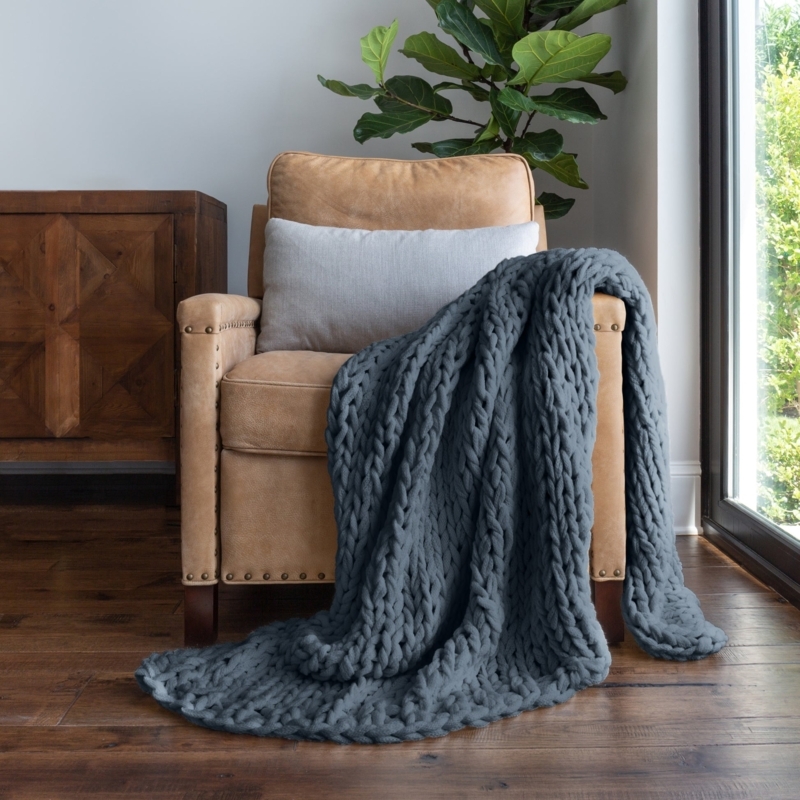 Throw Blanket Grey Oversized Chunky Knit Braided Texture