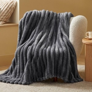 Throw Blanket, Grey Wide Striped Fleece Pile for Minimalist Comfort