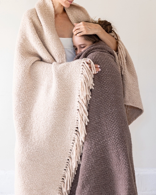 Throw Blanket Hand Loomed Taupe Wool-Like, Fringed Edge Scandi Style