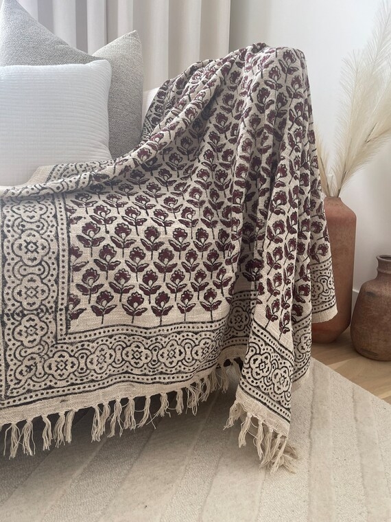 Throw Blanket Hand Loomed Tribal Block Print Braided Tassels Boho
