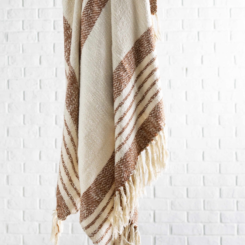 Throw Blanket Hand-woven Look Cream Brown Stripes Oversized Tassels