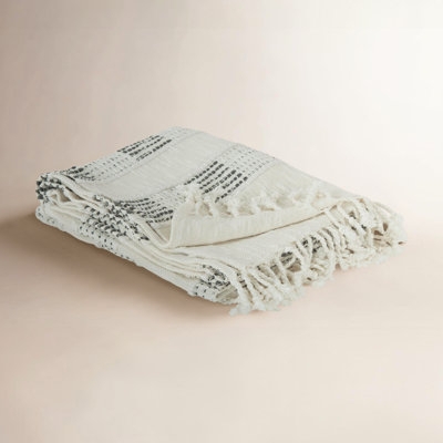 Throw Blanket Hand Woven Look Fringed Edges Cream Blue