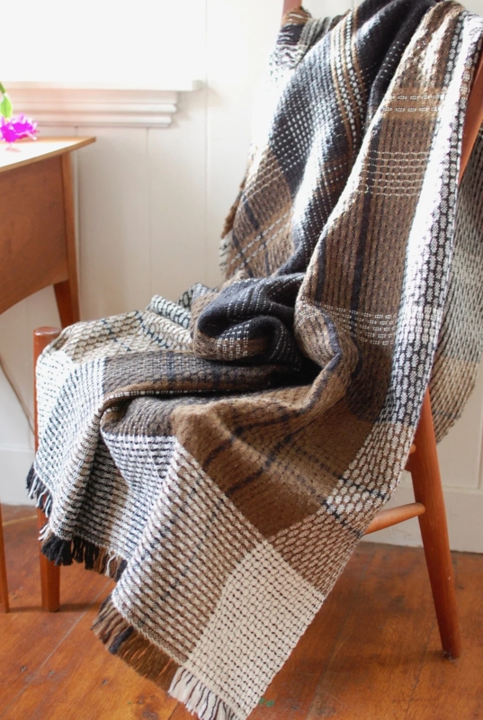 Throw Blanket, Handwoven Rainbow Stripes. Cream Wool Blend, Twisted Fringe.