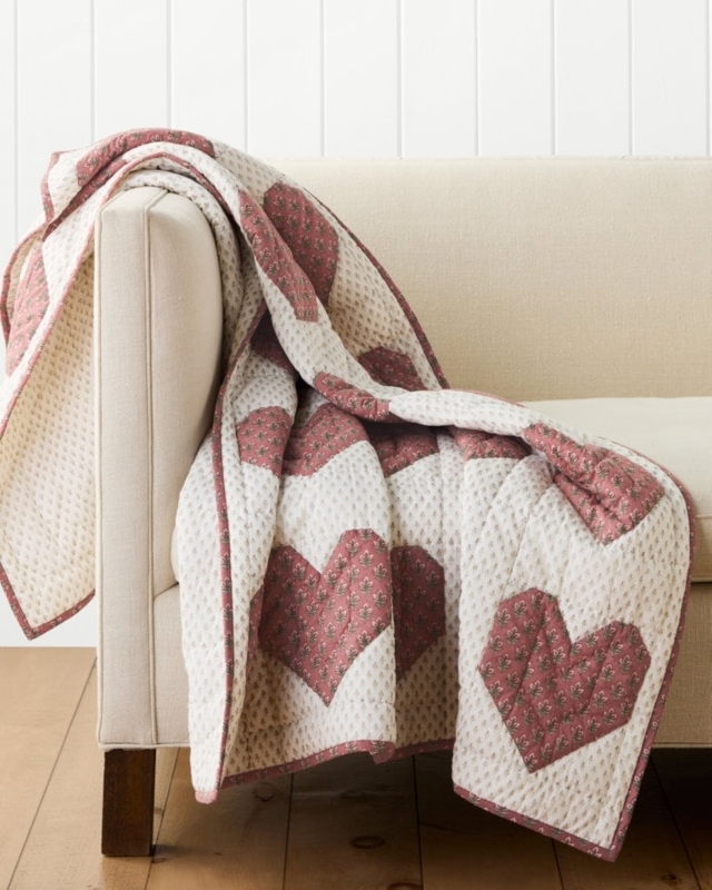 Throw Blanket Heart Motif Patchwork Red White Cottagecore Style