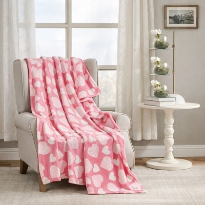 Throw Blanket Heart Motifs Plush Texture Pink Base