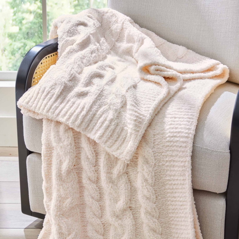 Throw Blanket Heavy Gauge Yarn Cozy Vanilla Living Room Decor Cable Knit
