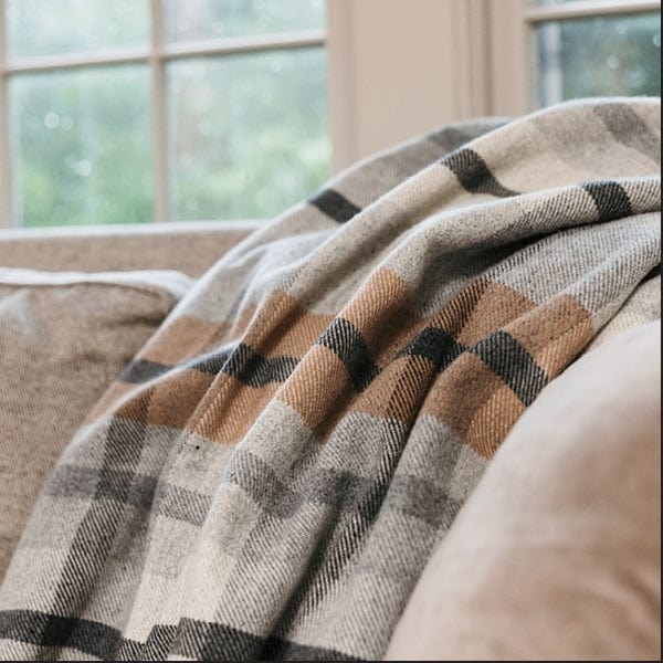Throw Blanket Heritage Plaid Beige Brown Wool Like Fringed Edges
