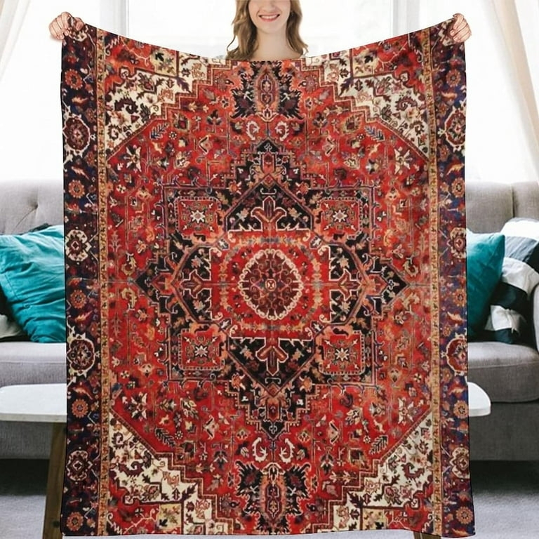 Throw Blanket Heriz Rug Print Medallion Center Red Boho Decor