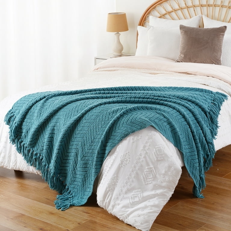 Throw Blanket, Herringbone Knit, Braided Fringe, Vibrant Color Sofa Decor