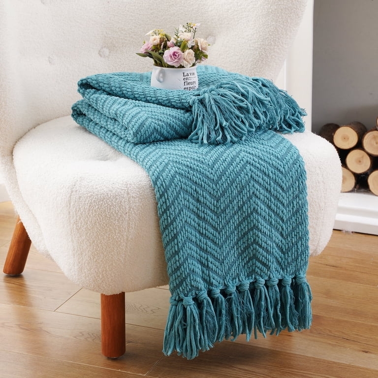 Throw Blanket, Herringbone Knit Weave, Braided Fringe, Textured Sofa Decor