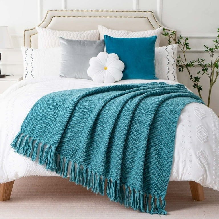 Throw Blanket, Herringbone Knit Weave with Tassels, Teal Modern Boho Decor