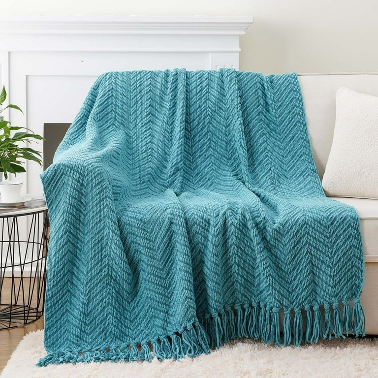 Throw Blanket, Herringbone Knit with Braided Fringe, Coastal Style Decor