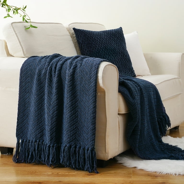 Throw Blanket, Herringbone Pattern, Navy Blue with Fringed Tassels
