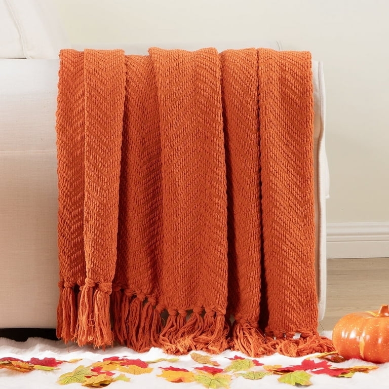 Throw Blanket Herringbone Weave Twisted Fringe Burnt Orange Boho Style