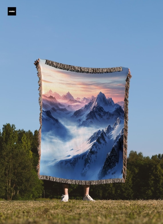 Throw Blanket High Contrast Navy and White Snowy Mountain Graphic