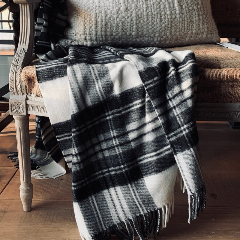 Throw Blanket High Contrast Plaid Black and Ivory Twisted Fringe