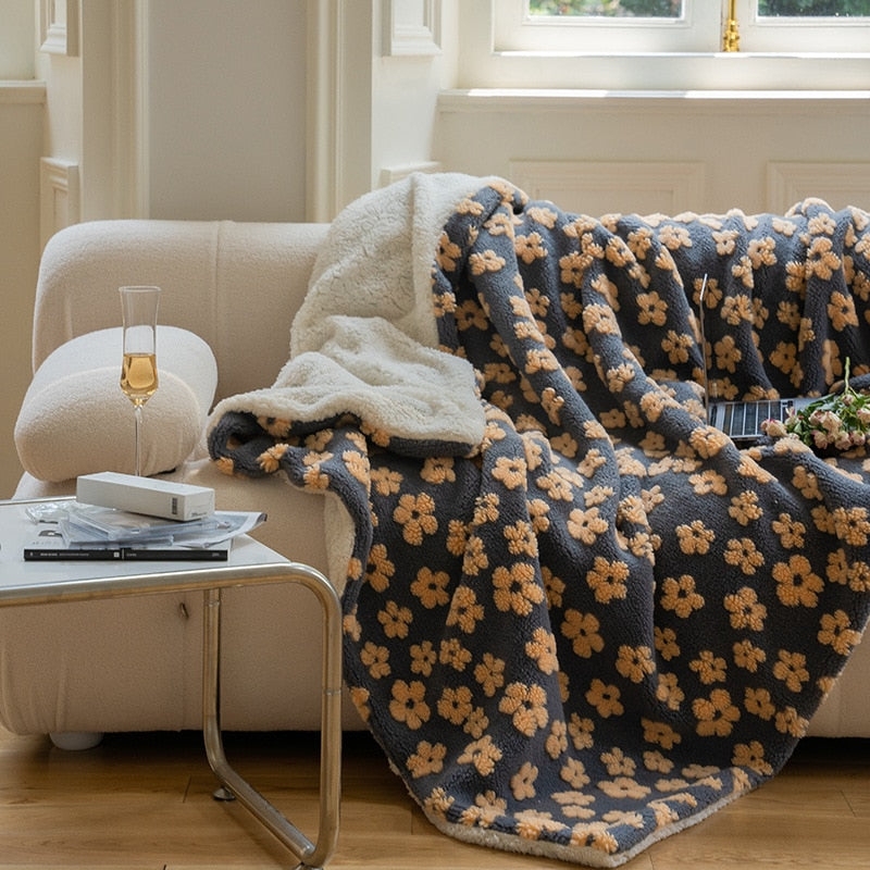 Throw Blanket High Pile Plush Retro Floral Print