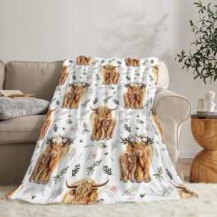Throw Blanket, Highland Cow Motif with Floral Crown and Sherpa Lining